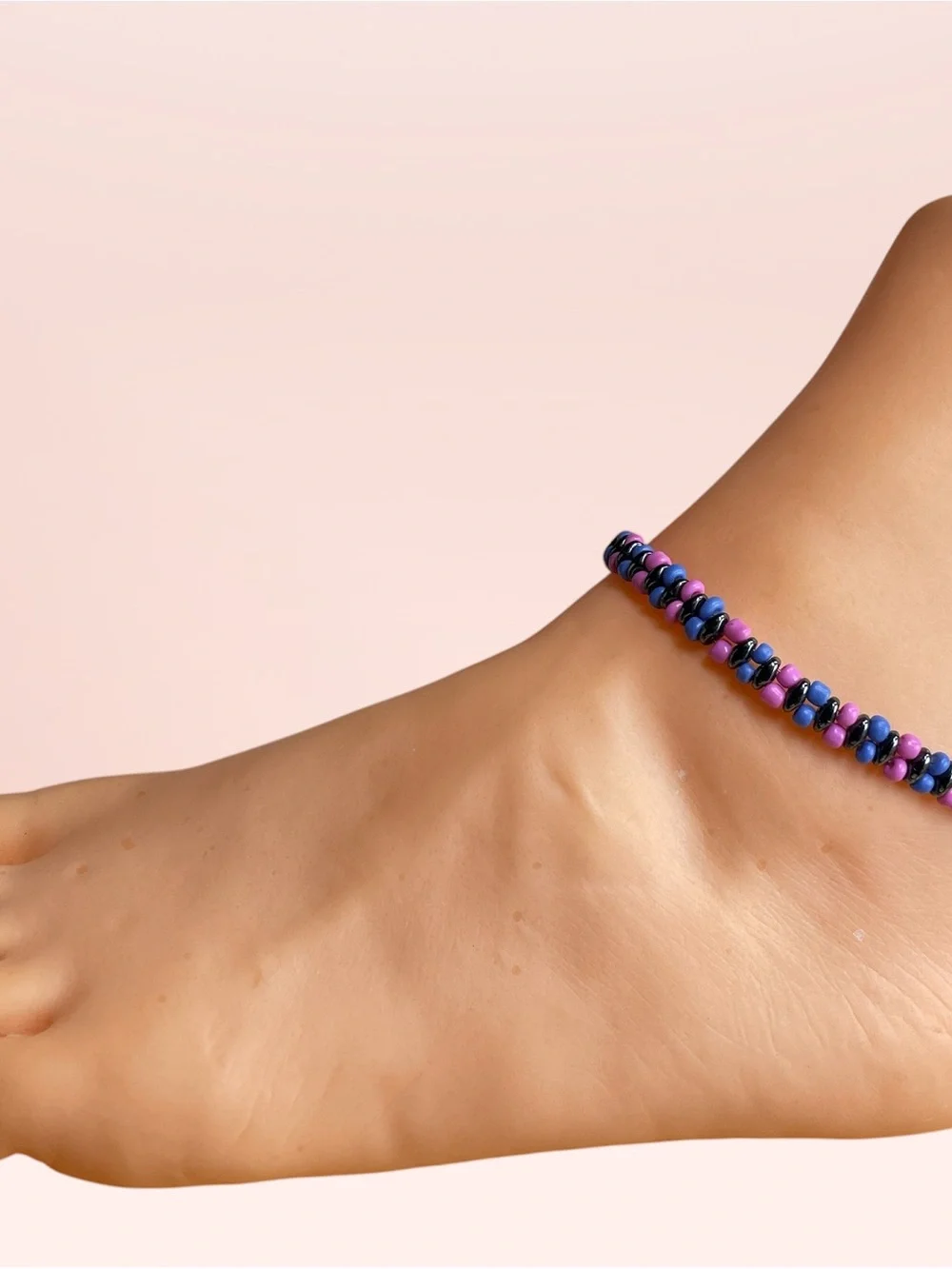 Handmade Pink Blue Black Beaded Anklet
